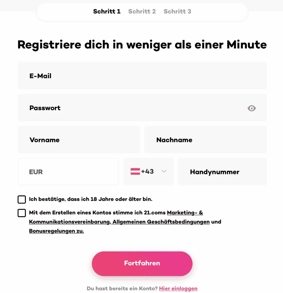 21com Ein Konto erstellen