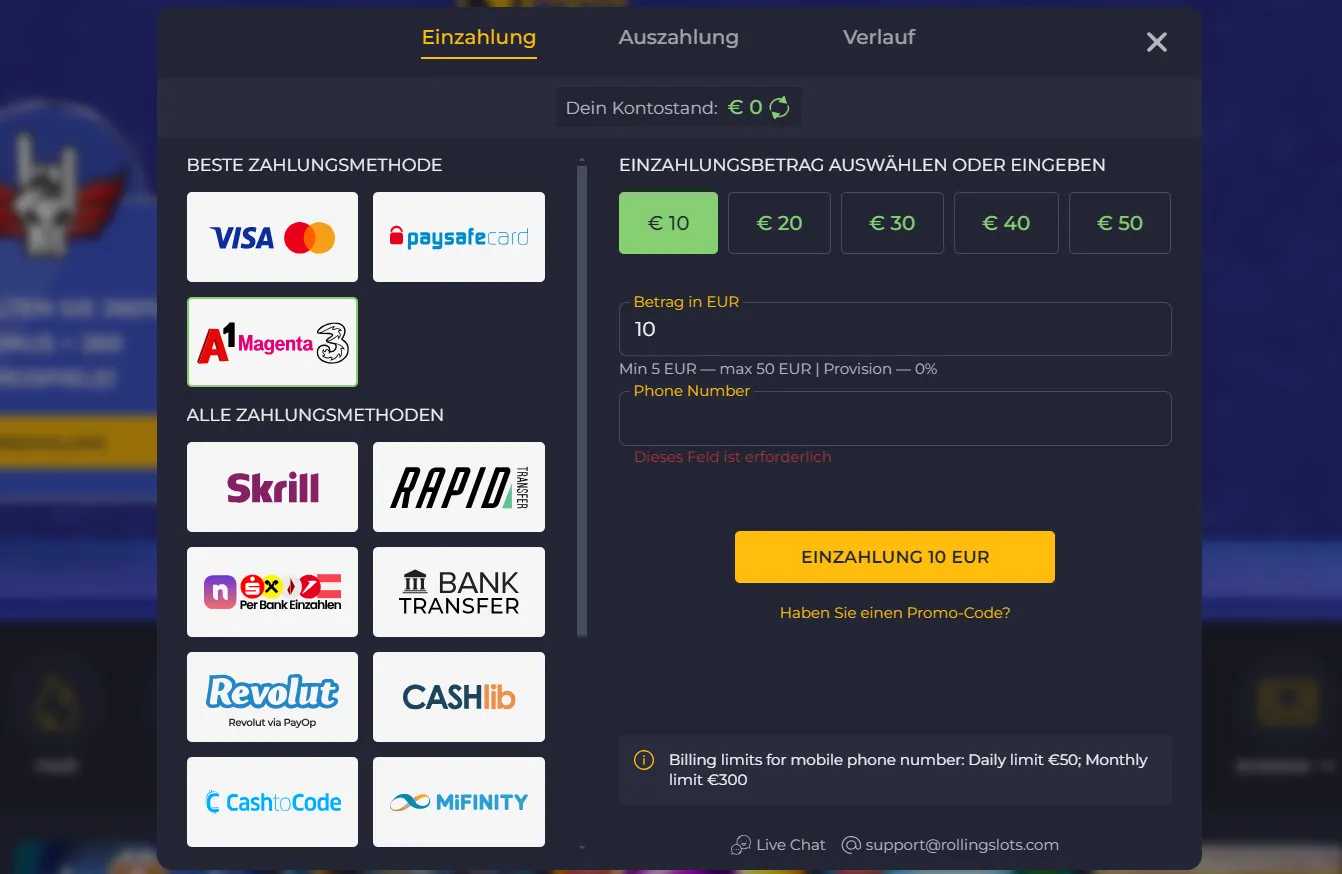 Rolling Slots Online Casino mit 10 Euro Einzahlung