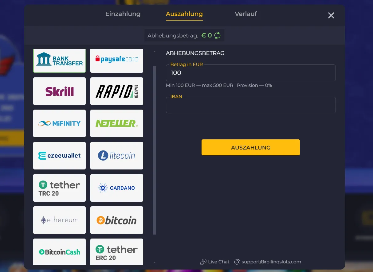 Auszahlungsoptionen im Zahlungsmenü eines Online Casinos