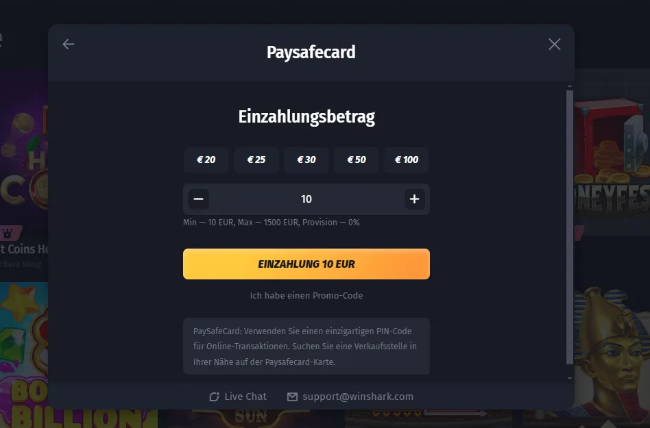 Paysafecard-Zahlung im Winshark Casino