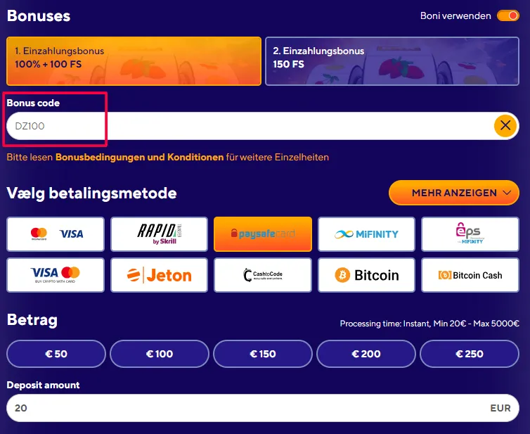 dazard casino bonus code