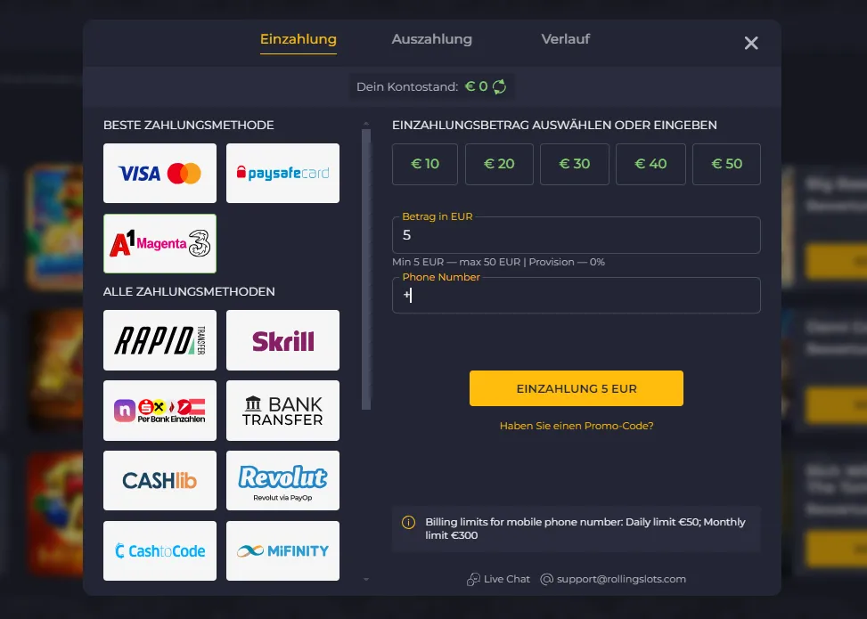Rolling Slots Casino Niedriger Einzahlung