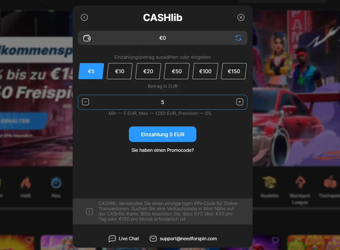 Need For Spin Casino - Einzahlung mit Cashlib