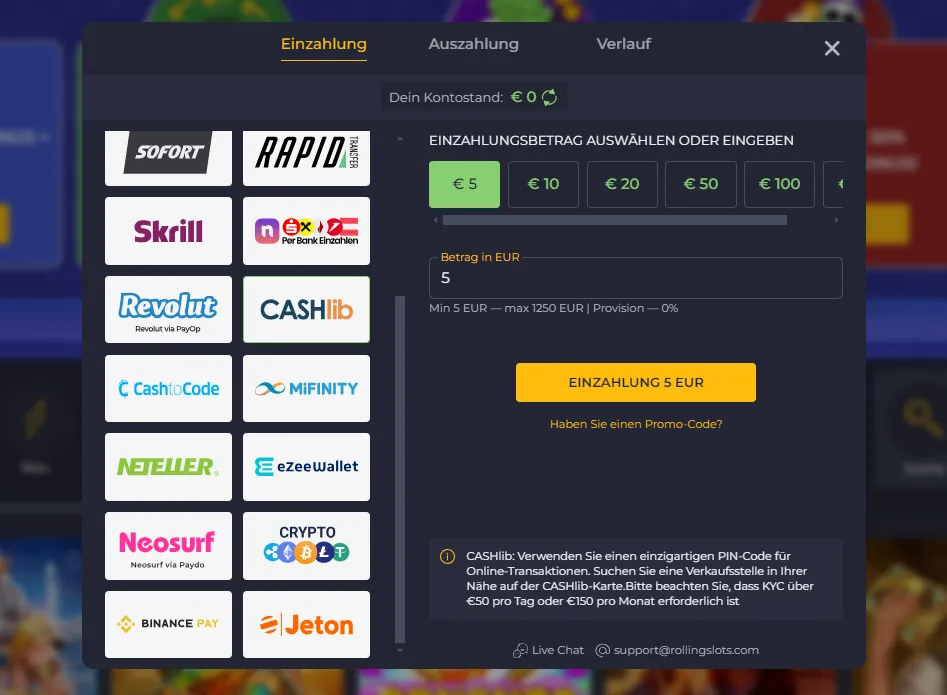 Rolling Slots Casino - Einzahlung mit Cashlib