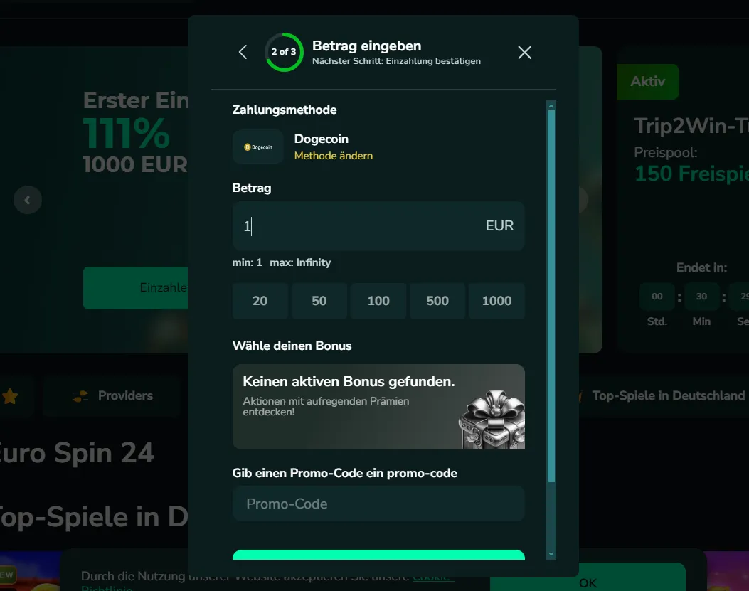 Trip2Vip Online Casino 1 Euro Einzahlung