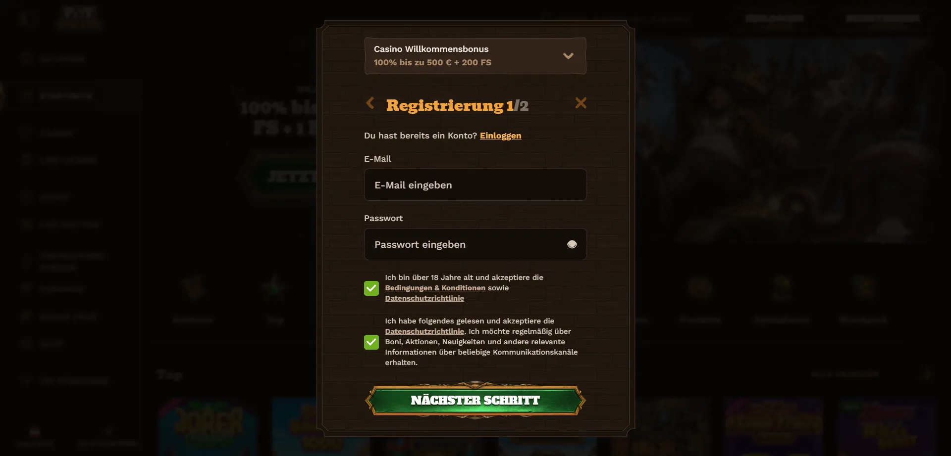 Die Eingabe persönlicher Daten im Fat Pirate Registrierungsfenster