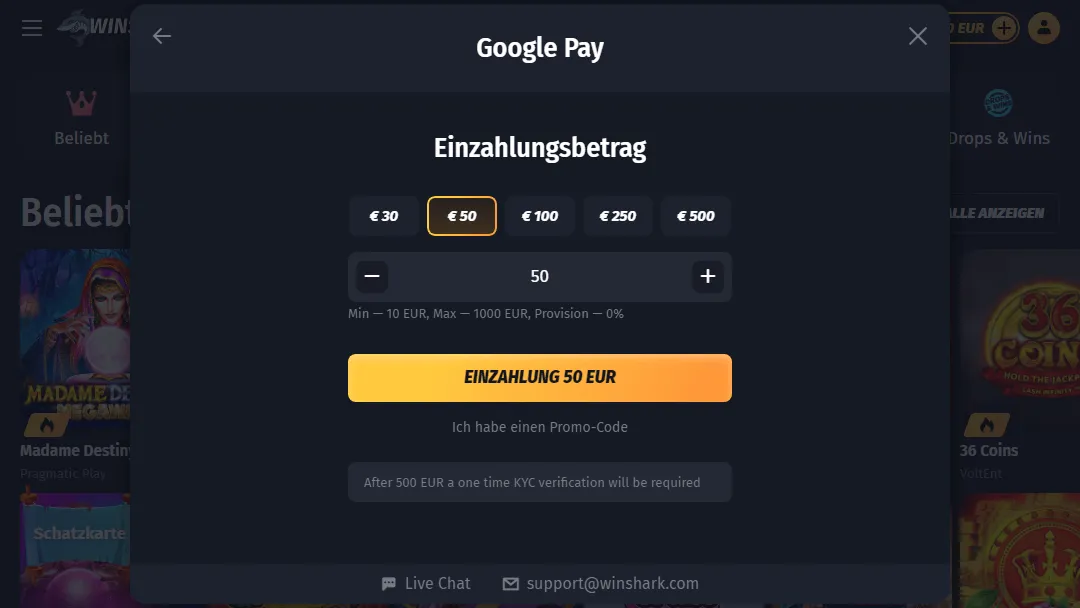 Google Pay Einzahlung im Winshark Casino