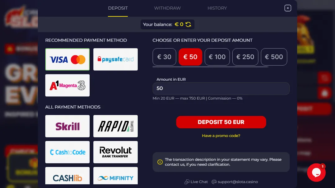 Slota Casino Einzahlungsmöglichkeiten