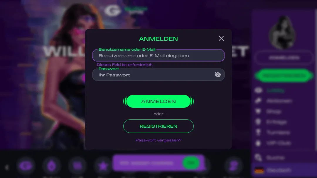 Glitchspin Casino Anmeldeformular