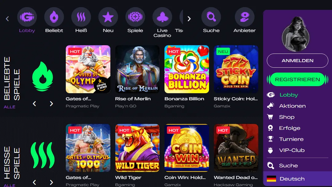 Abschnitte auf der GlitchSpin Casino-Startseite