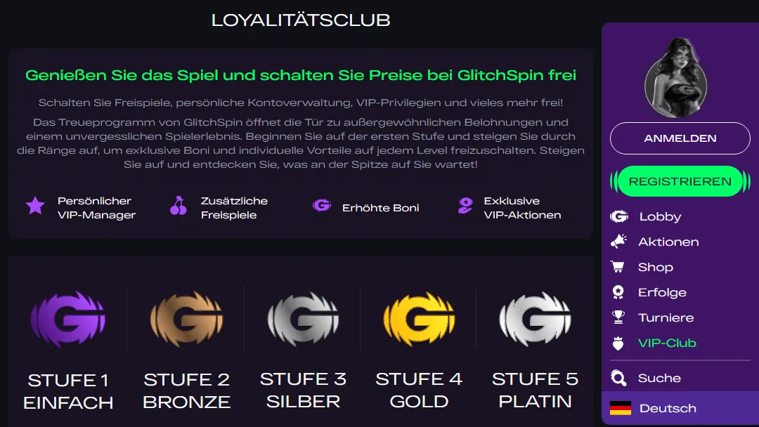 Glitchspin VIP-Programm Stufen