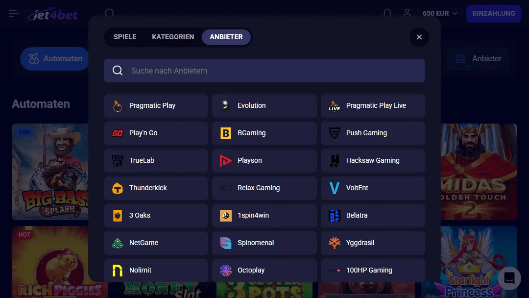 Die Liste der Spieleentwickler die ihre Spiele bei Jet4Bet anbieten