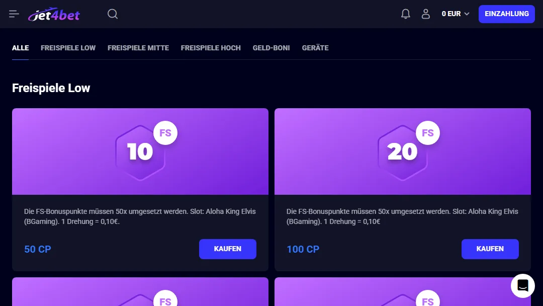 Freispin-Optionen im Jet4Bet-Shop-Katalog zum Kauf verfügbar