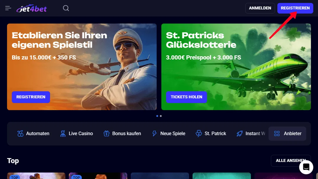 Hervorgehobener Registrierungsbutton auf der Jet4Bet Casino