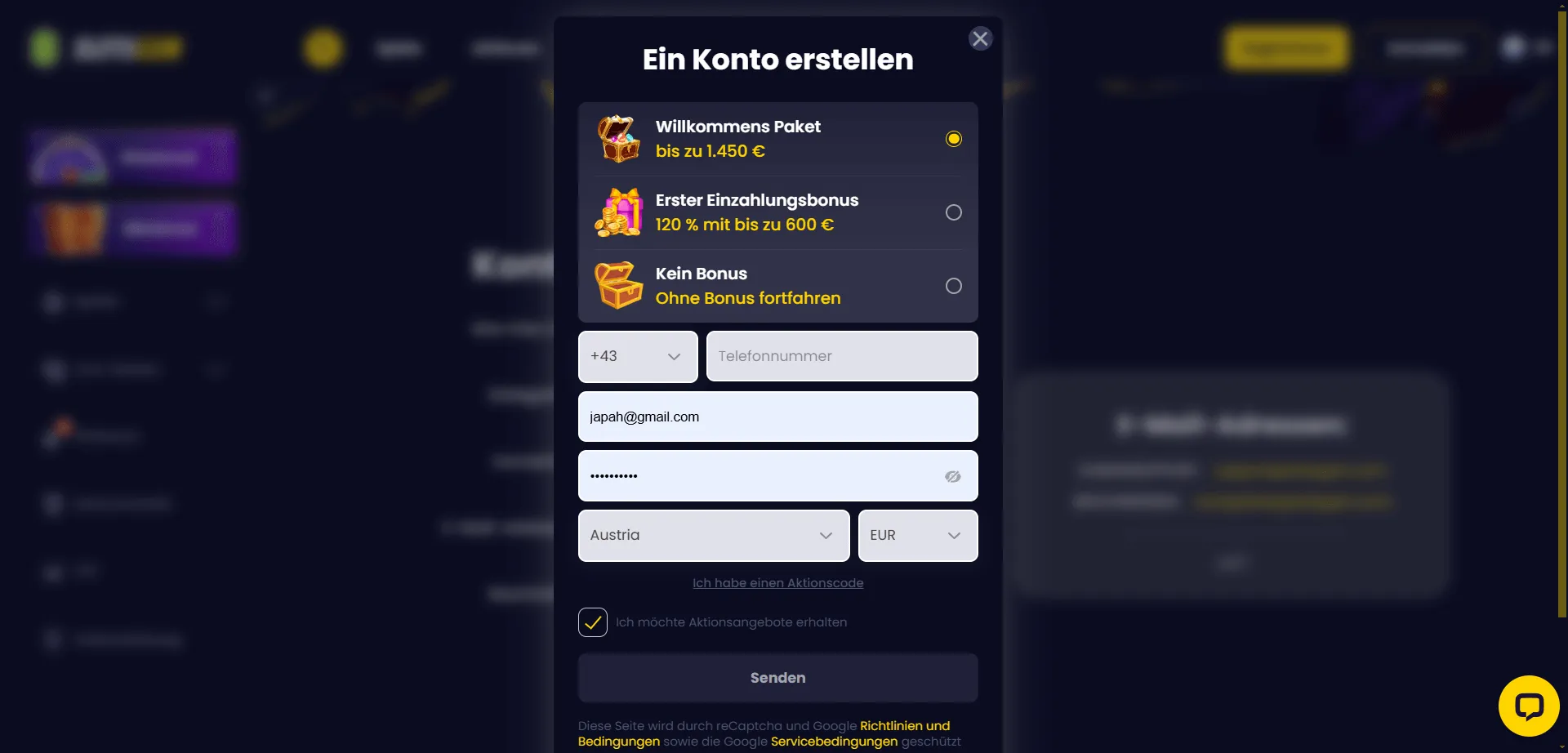 Anmeldefelder im Registrierungsfenster