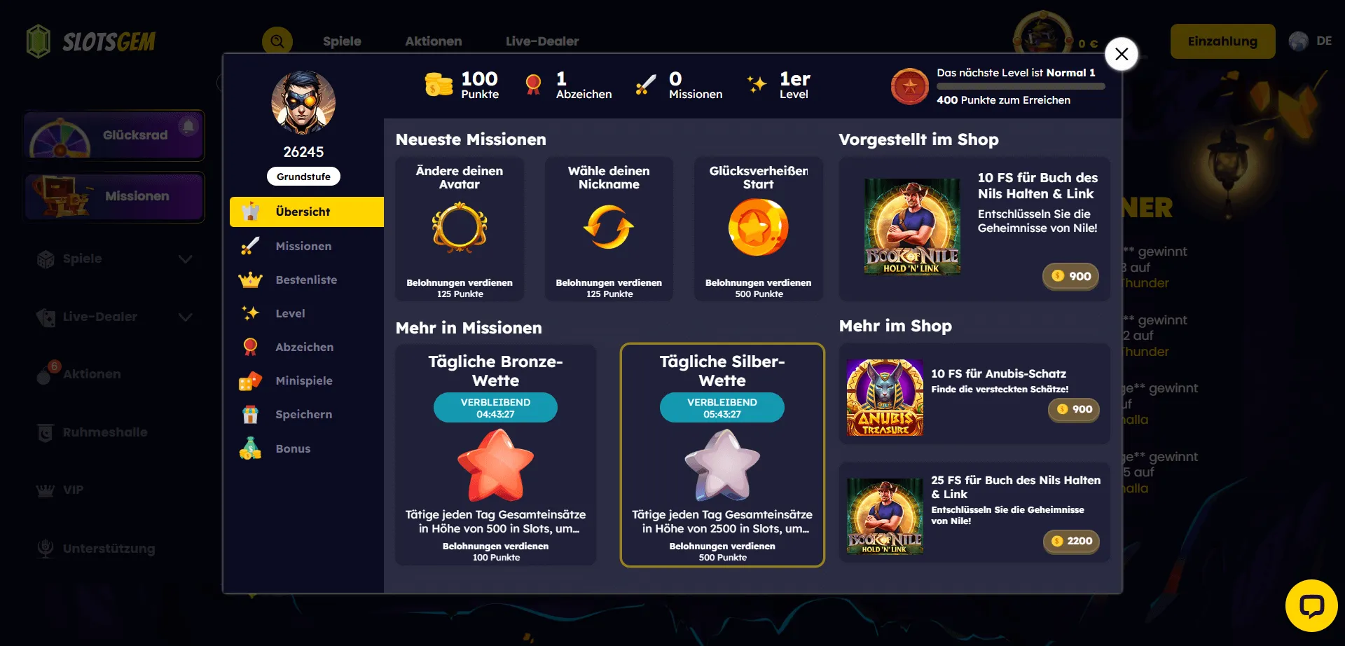 Missionen verfügbar bei SlotsGem Casino