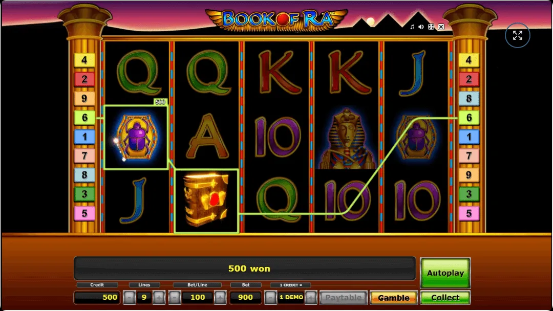 Book of Ra 6 Walzen mit einer hervorgehobenen Gewinnlinie