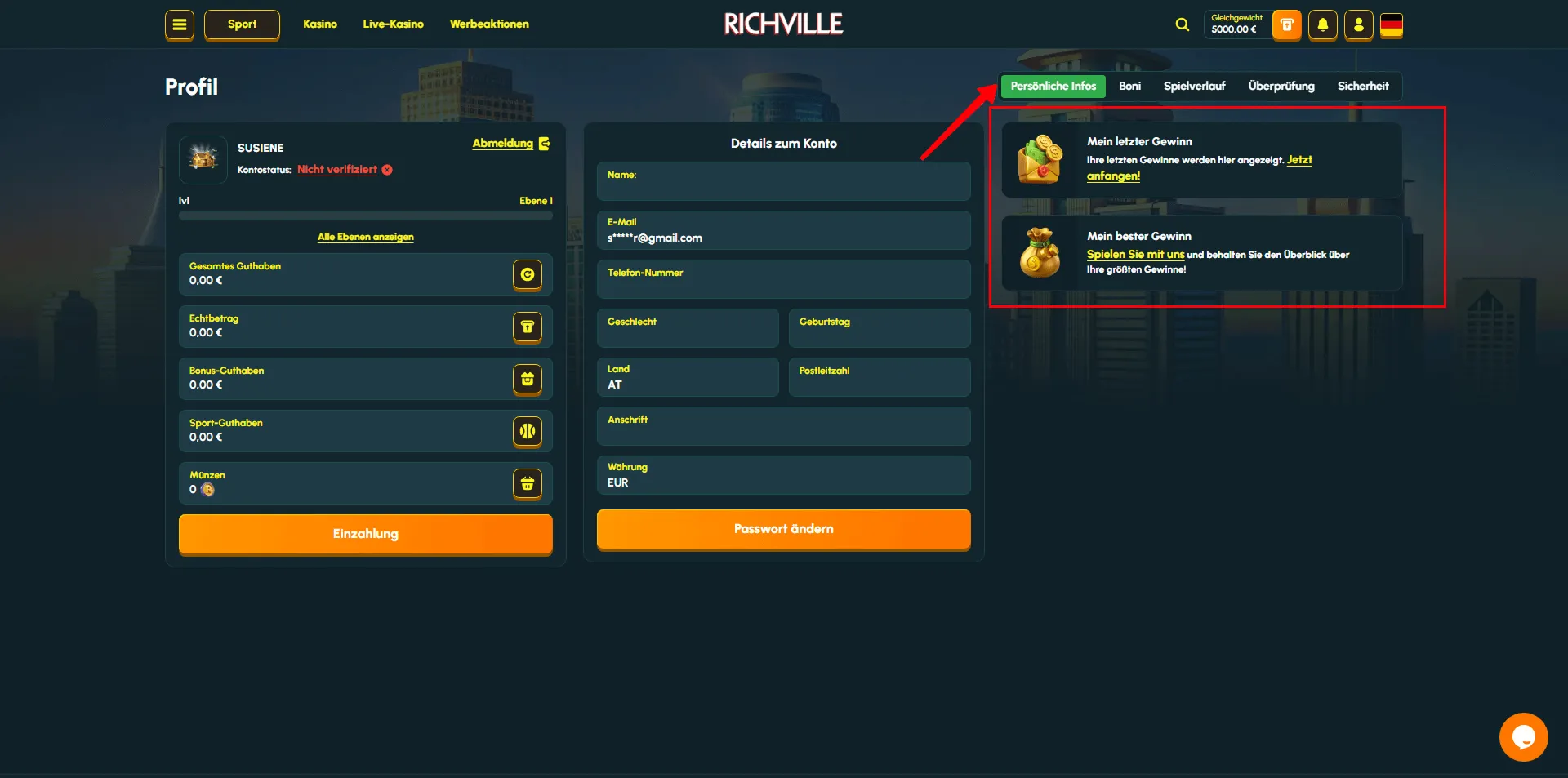 Screenshot einer Benutzerprofil-Seite auf Richville Casino die persönliche Informationen den aktuellen Kontostand und kürzliche Gewinne anzeigt