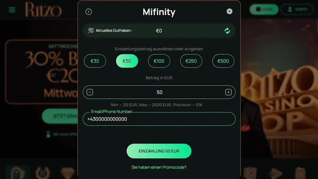 Einzahlungsseite von Ritzo Casino mit der Zahlungsmethode Mifinity, zeigt eine ausgewählte Einzahlung von €50, ein Eingabefeld für die Telefonnummer sowie Einzahlungslimits zwischen 20 € und 2.500 € bei 0 % Gebühr