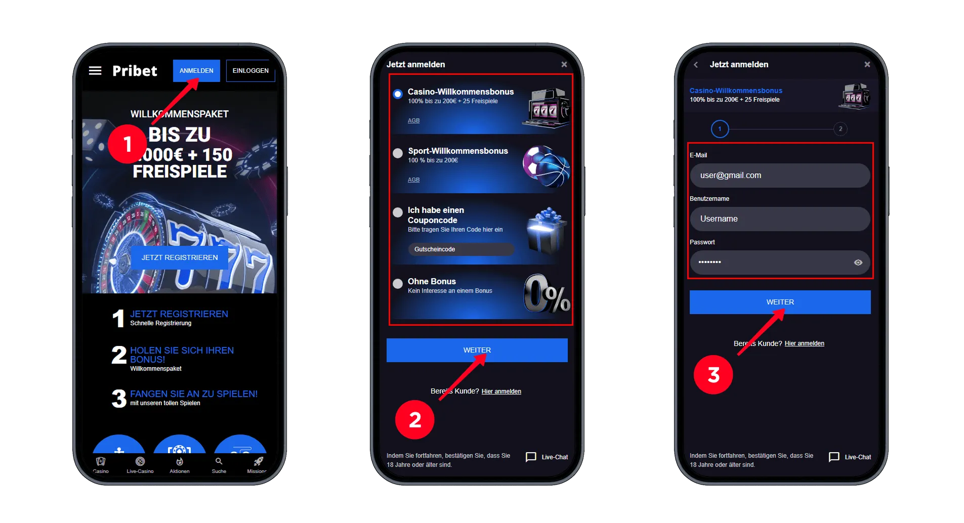 Ein Mobiltelefonbildschirm zeigt die Anmeldeseite einer Casino-Website mit der Option, sich anzumelden und ein Willkommensbonus zu erhalten