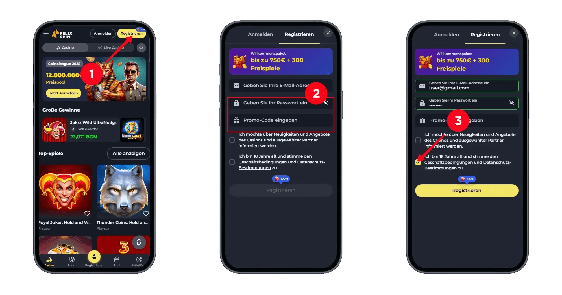 Ein Mobiltelefonbildschirm zeigt die Anmeldeseite von Felix Spin Casino, auf der der Benutzer seine E-Mail, Passwort und einen Promo-Code eingeben soll