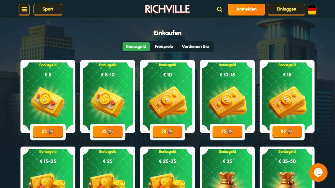 Bonusbeträge und entsprechende Münzwerte für verschiedene Belohnungen auf der Richville Online Casino Shop-Seite