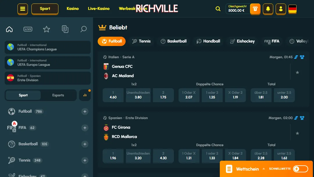 Screenshot der Sportwetten-Oberfläche von Richville Casino mit Fußballquoten Menüoptionen für weitere Sportarten und einem Wettschein unten rechts