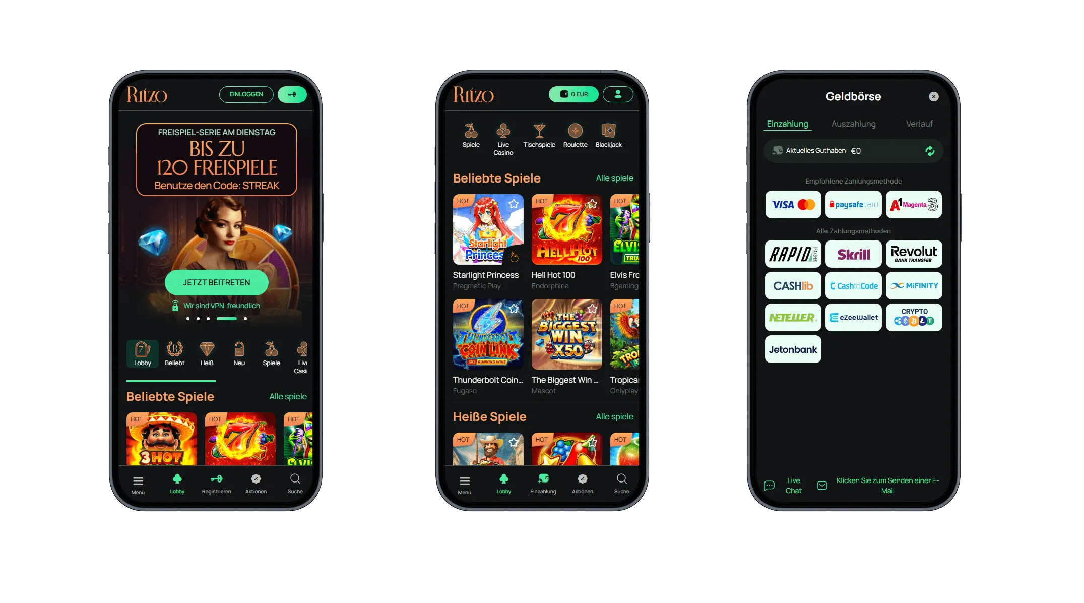 Ritzo Casino WebApp Drei Smartphone-Ansichten von Ritzo Casino mit einer Freispielaktion, beliebten Automatenspielen und Zahlungsoptionen wie Visa, A1, Skrill und Kryptowährungen.