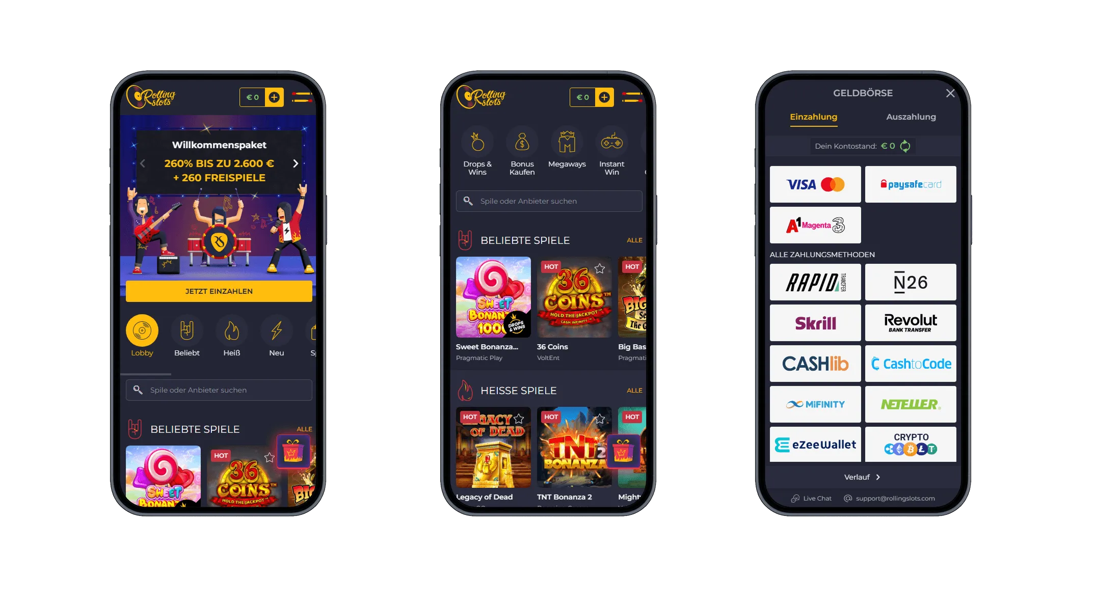 Rolling Slots Casino Web App Drei Smartphone-Ansichten von Rolling Slots Casino mit einem Willkommenspaket, beliebten Spielen sowie Zahlungsarten wie Visa, A1, Revolut und Kryptowährungen.