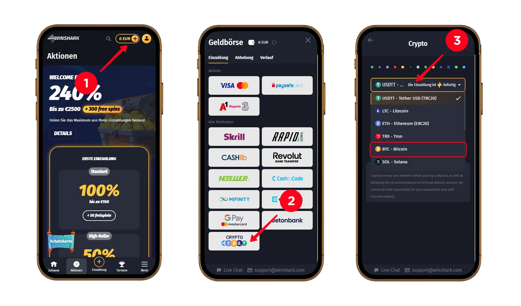 Mobile Anleitung zur Auswahl von Bitcoin als Einzahlungsmethode bei Winshark über das Wallet- und Krypto-Menü.