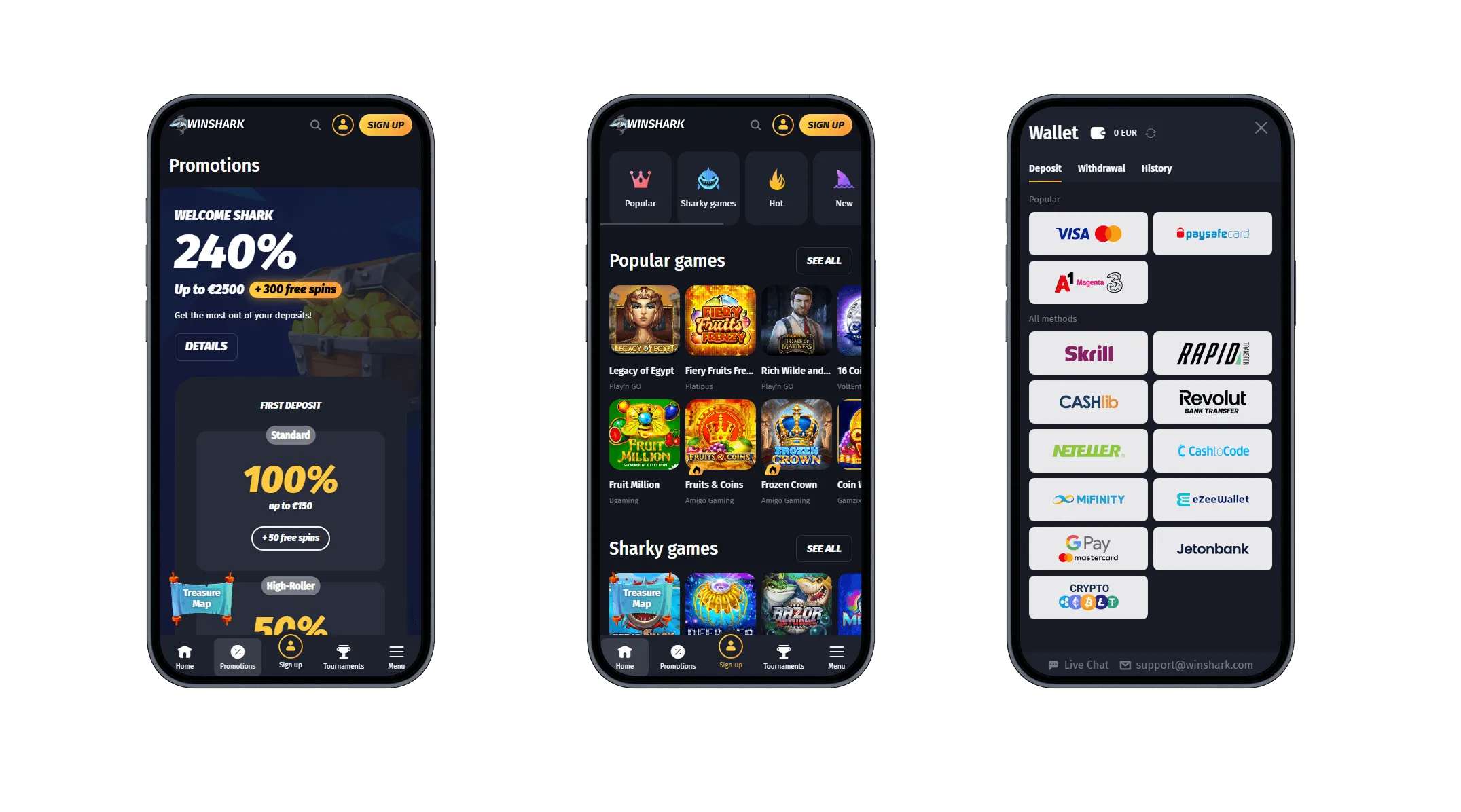 WinShark Casino App – Aktionen, Spieleauswahl & Zahlungsmethoden Drei Smartphone-Ansichten von WinShark Casino mit Bonusaktionen, beliebten Spielen und Zahlungsoptionen wie Visa, Skrill, A1 und Kryptowährungen.