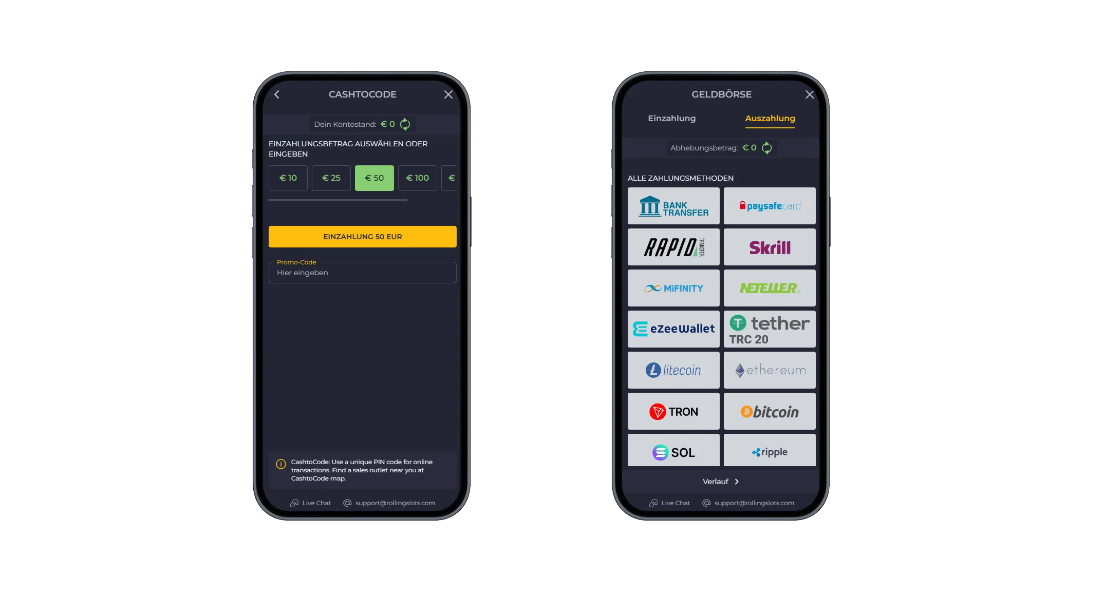 Einzahlung mit CashtoCode und verfügbare Auszahlungsmethoden bei Rollingslots Casino