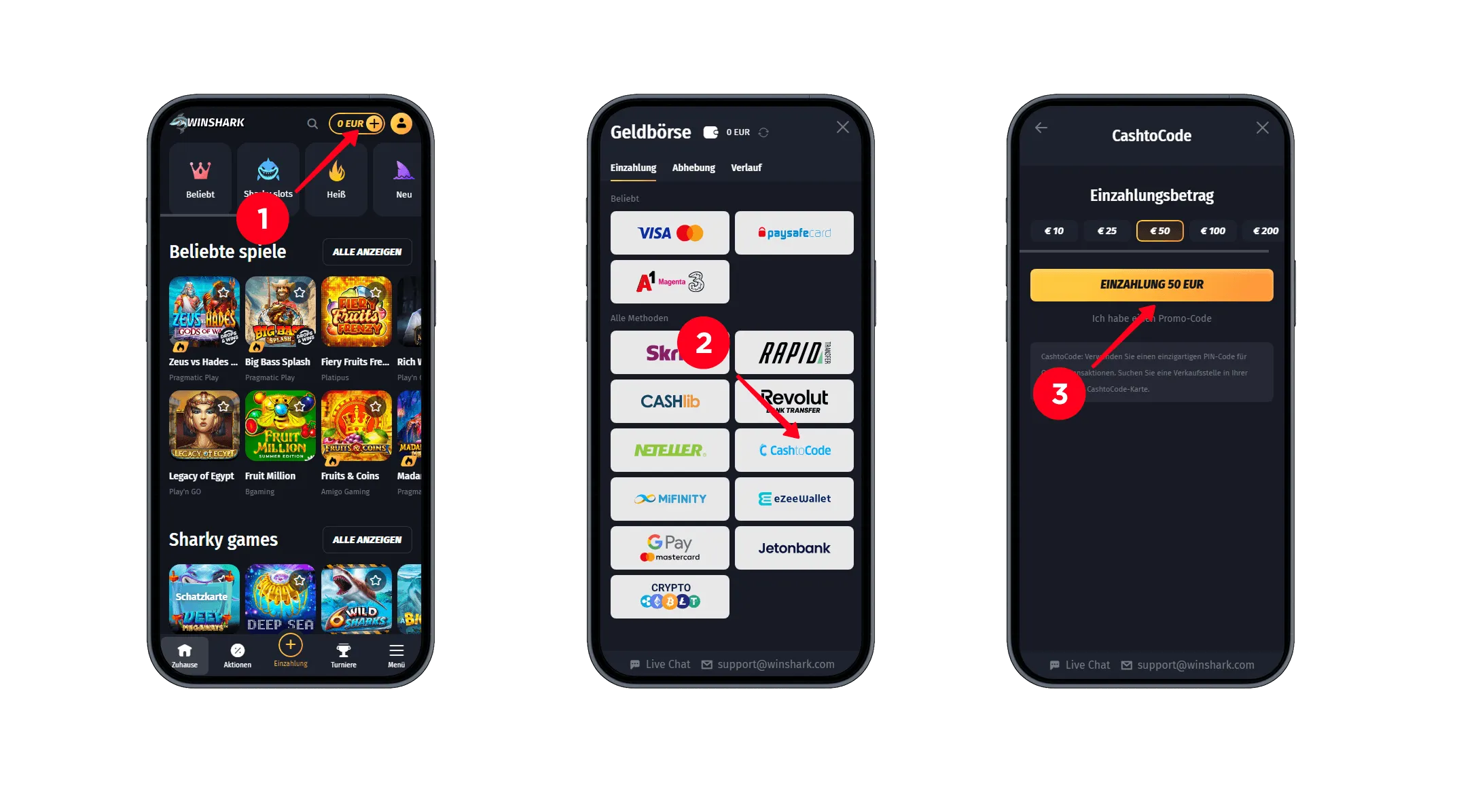 CashtoCode Einzahlung im Winshark Casino starten – Zahlungsmethode wählen und Betrag festlegen