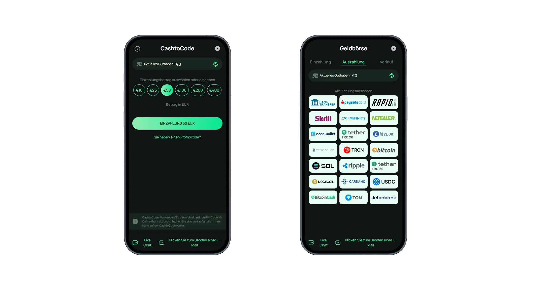 Dunkelmodus Ansicht von CashtoCode Einzahlung und verfügbaren Auszahlungsmethoden im Online Casino