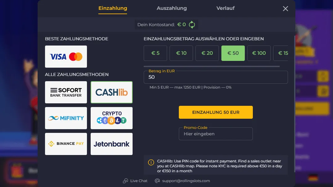 Cashlib als bevorzugte Einzahlungsmethode im Rolling Slots Casino Online-Casino-Einzahlungsseite mit hervorgehobener Cashlib-Zahlungsmethode für schnelle und sichere Einzahlungen ohne Bankkonto.