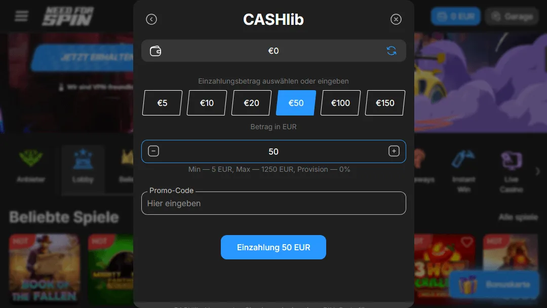 Cashlib Einzahlung im Need for Spin Online Casino – Beträge von 5€ bis 150€ auswählbar Cashlib Einzahlung bei Need for Spin Casino mit auswählbaren Beträgen zwischen 5 und 150 Euro