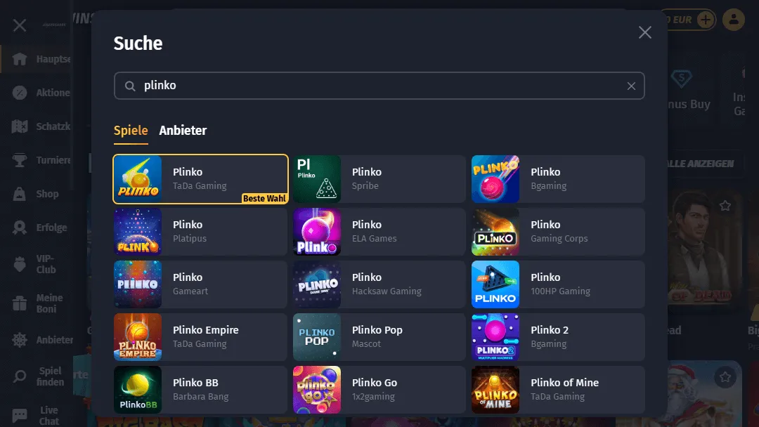 Plinko Spiele Auswahl bei WinShark Casino Suchergebnisse für "Plinko" im WinShark Casino mit verschiedenen Anbietern wie TaDa Gaming, Bgaming, Platipus, Hacksaw Gaming und weiteren
