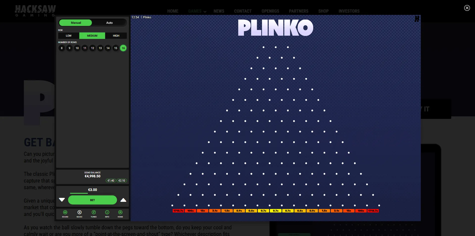 Plinko von Hacksaw Gaming – Klassisches Kugelspiel Plinko-Spiel von Hacksaw Gaming mit dreieckigem Spielfeld, einstellbarem Risiko, 16 Reihen und farbigen Gewinnfeldern mit Multiplikatoren von 0,7x bis 1787,7x