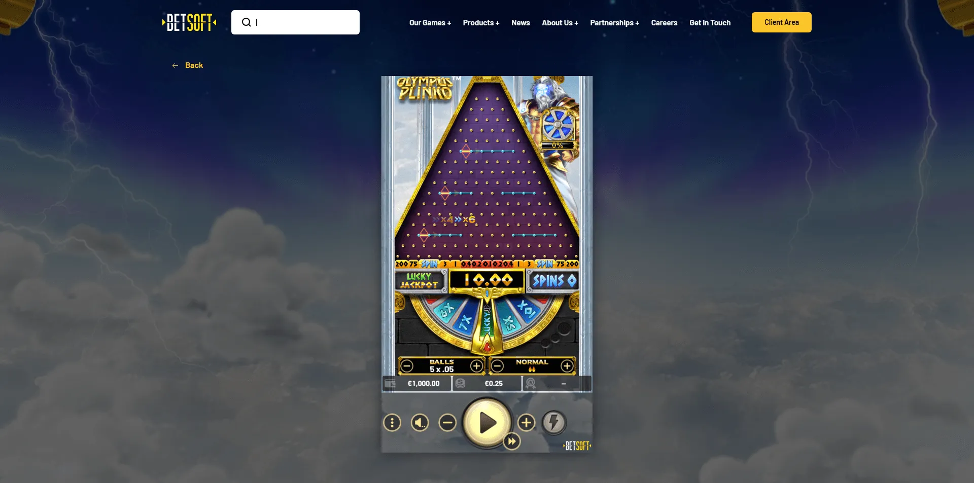 Olympus Plinko von Betsoft Olympus Plinko-Spiel von Betsoft mit Zeus-Thema, violettem Steckbrett, Jackpot-Rad, aktiven Multiplikatorfeldern und einer Starttaste unten im Zentrum