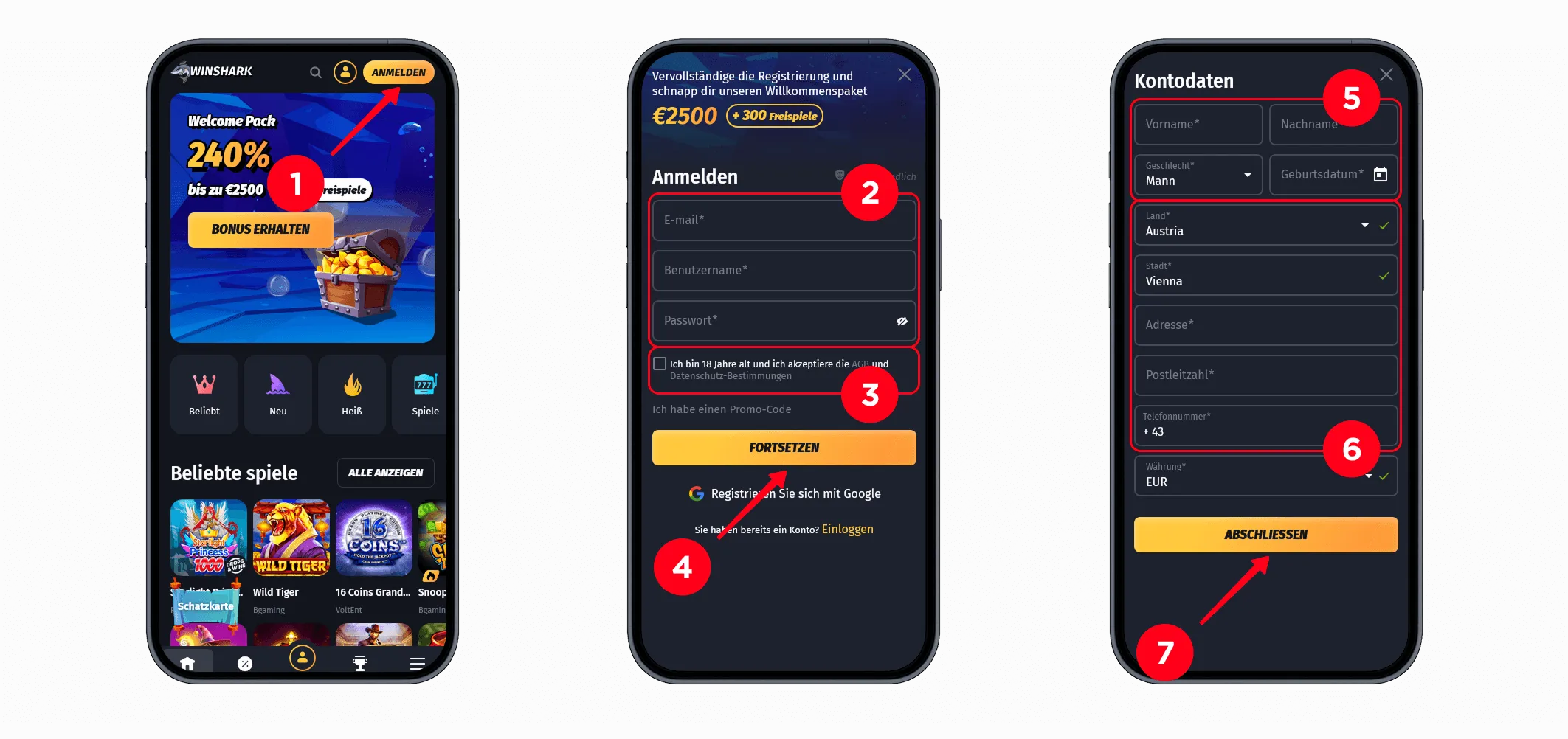 Anleitung zur Registrierung bei Winshark Casino